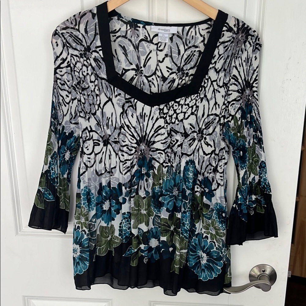 Dressbarn floral crepe babydoll bell sleeve semi sheer top size large petite